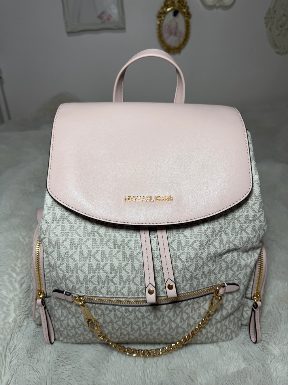 Michael Kors Jet Set Pink & Beige Signature Backpack with Gold Chain - Picture 7 of 9